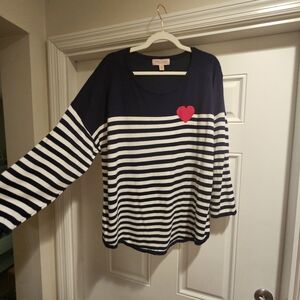 Navy and White Philosophy 3X  Striped Sweater with Red Heart